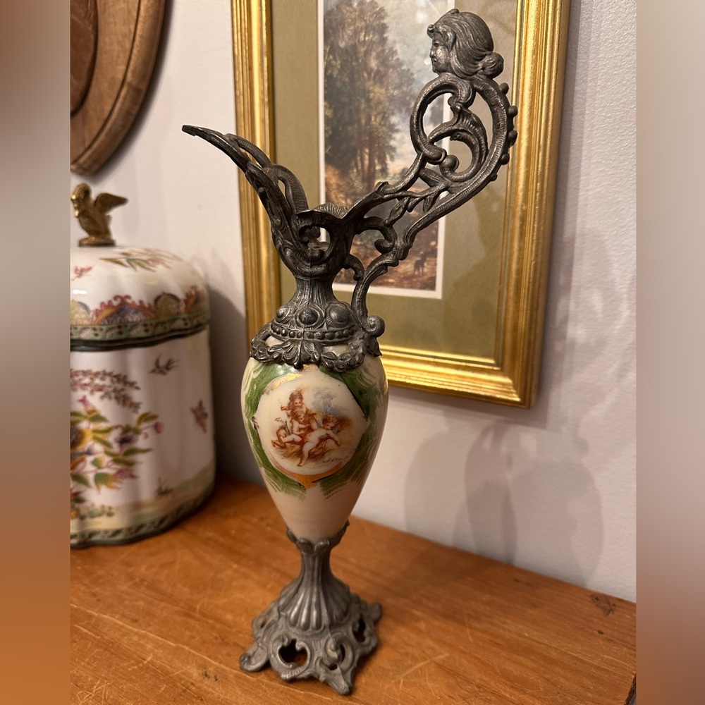 Antique Victorian Porcelain Mantle Ewer/Pitcher Vase Cherub / Art Nouveau Style